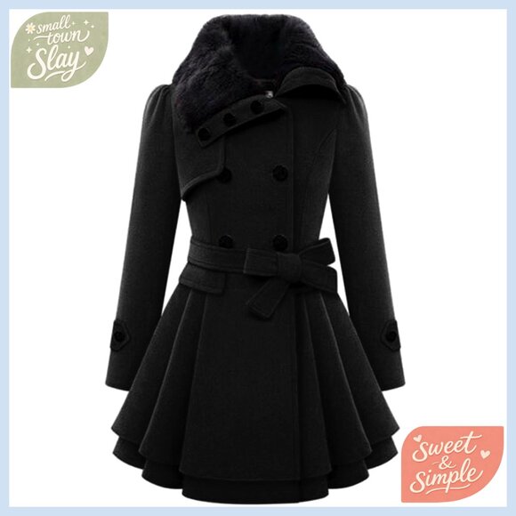 Faux Fur Lapel Wool Trench Coat Winter Warm Jacket S-2XL